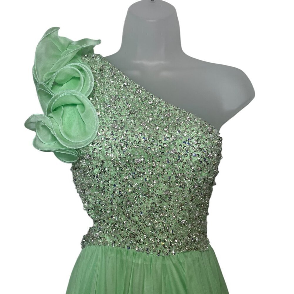 Seafoam Green One Shoulder Ruffle Maxi Gown Gem Bodice Size 2 - Picture 5 of 7